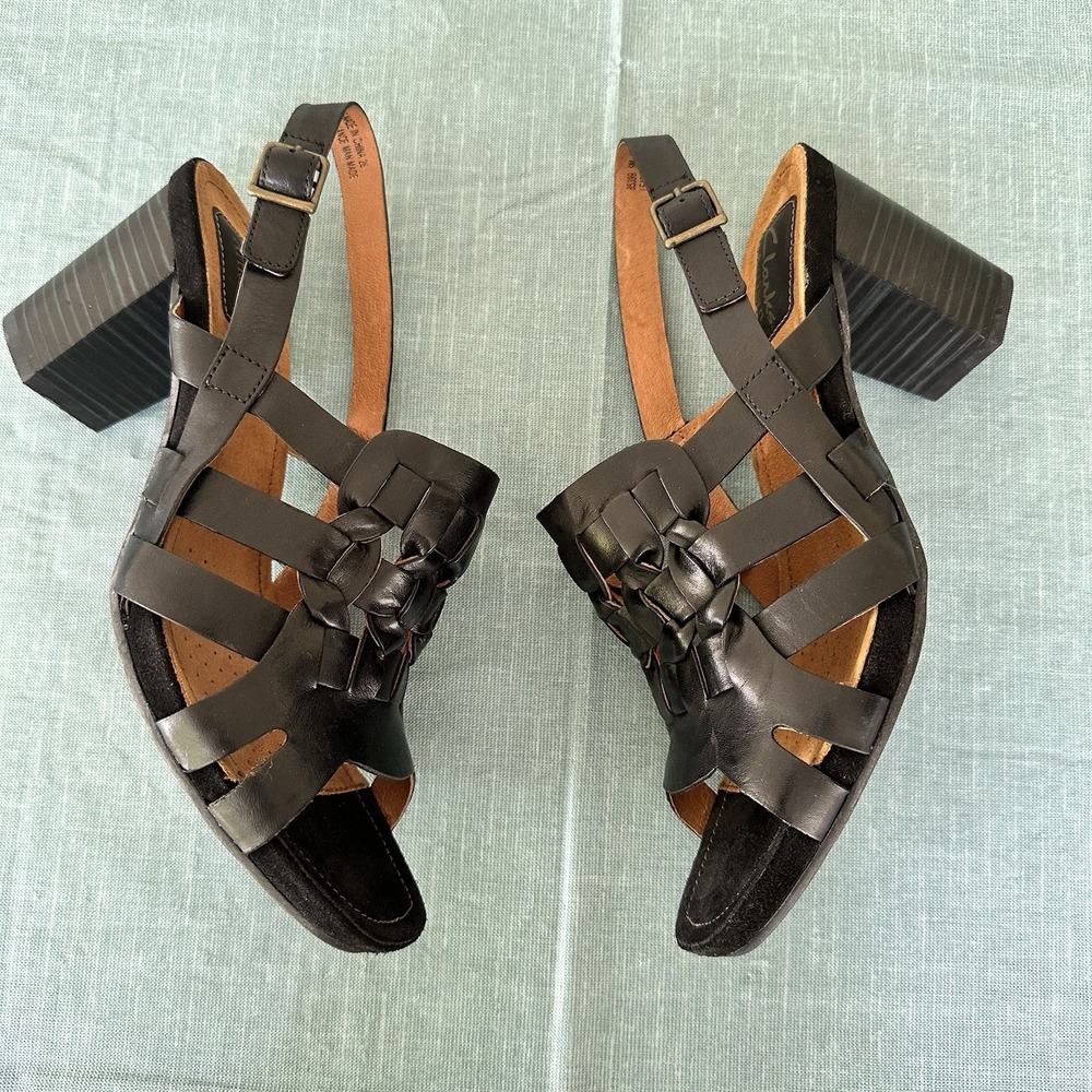 Clarks Artisan Black Woven Slingback Open Toe Chunky Heel Comfy Sandals Sz 9